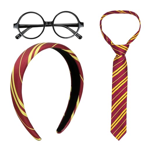 Capaneus Zauberer Kostüm Zubehör Gryffindor Klassiker Krawatte Runden Brille Haarreif Kostüme Accessoires Set für Cosplay Karneval Verkleidung Geburtstag Party