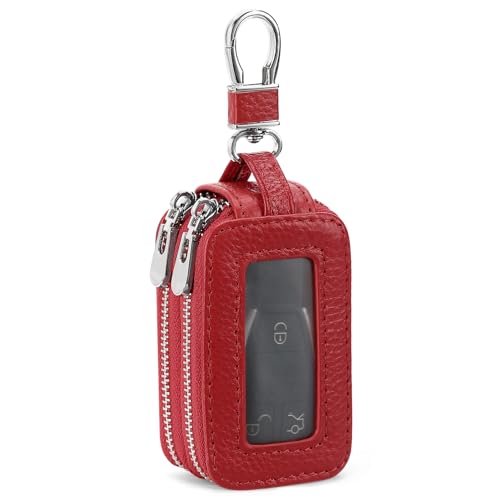 SENDEFN Car Key Fob Case Double Zipper Leather Smart Remote Keychain Protector Holder with Transparent Window - Detailed View