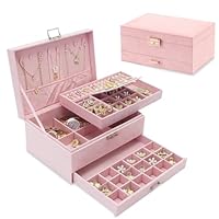 ICOUVA Jewellery Box for Women, 3 Layers Vintage Lockable Velvet Jewelry Organiser for Earring Ring Storage Necklace Bracelets Jewellery Storage Box with Removable Dividers For Girls Women,Pink