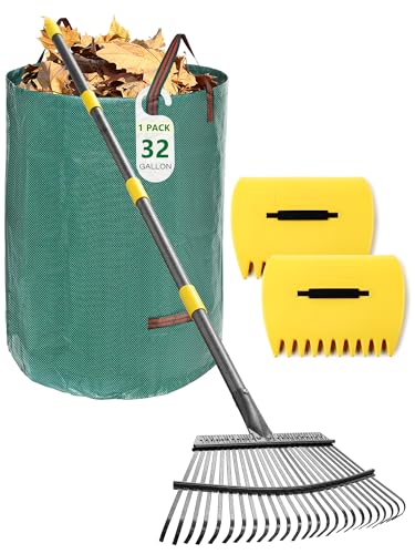 Juego de rastrillos para hojas de césped, kit de herramientas de jardín 3 en 1 con rastrillo de metal grande de 25 dientes, garras de mano, bolsa de basura reutilizable de 32 galones, rastrillos de