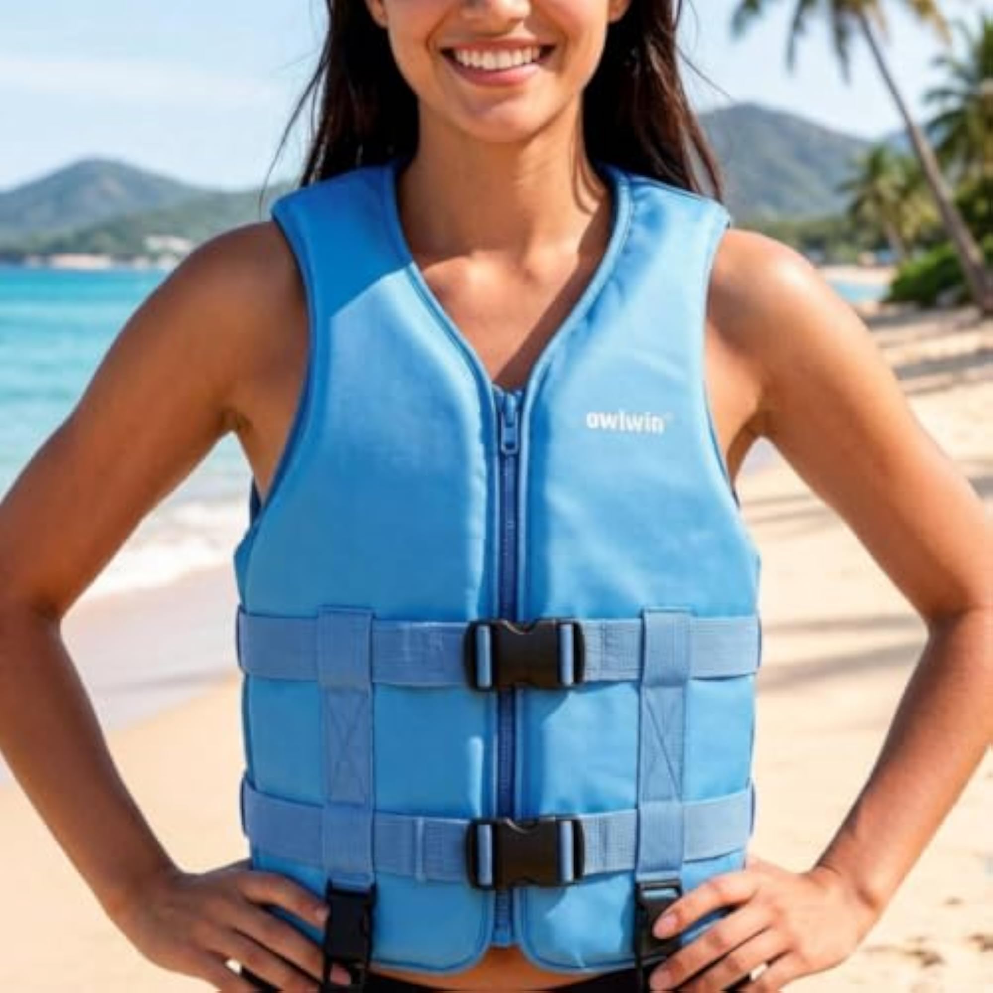 Buckle Closure Zip-Front Life Jacket, Open-Arm Sleeveless