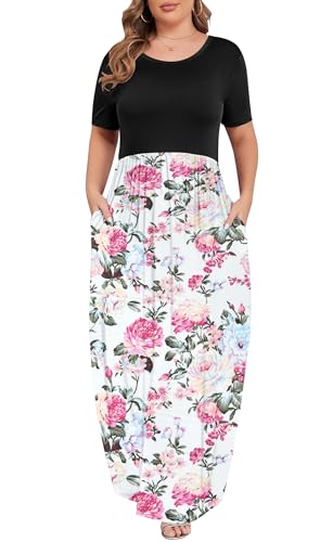 Image of KARALIN Women Plus Size Maxi Dress Short Sleeve Round Neck Loose Fit A-Line | Plus Size Long Dress,Summer Casual Maxi Dresses,Short Sleeve,Side Pockets,Round Neck,Elastic Waist,14 Plus - 26 Plus