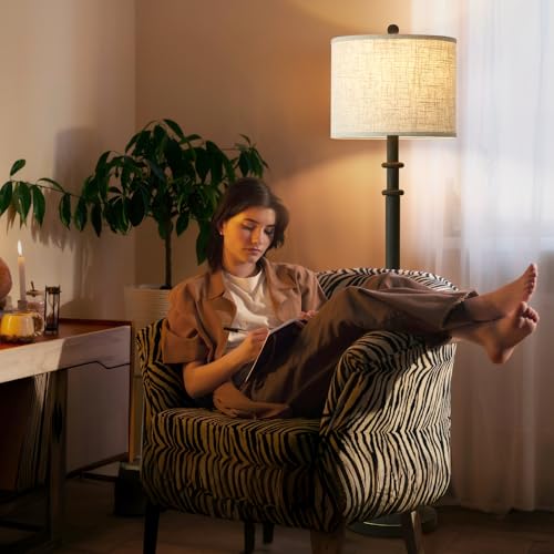 Image of EJIAXIN Floor Lamps for Living Room - 60 inch Farmhouse Floor Lamp with Adjustable Color Temperatures - Vintage Standing Lamp Reading Light with Linen Shade Retro Tall Lamp for Bedroom Office, Black