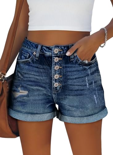 Image of onlypuff Women Denim Shorts Ripped Mid Waisted Jean Shorts with Pockets