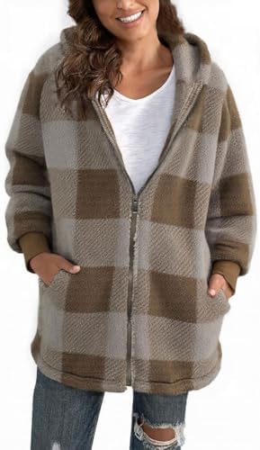 ABINGOO Damen Teddy Mantel Fleecejacke Kariert Übergangsjacke Plüschjacke | Warm Winterjacke Reißverschluss Flauschig Kuscheljacke mit Kapuze und Taschen