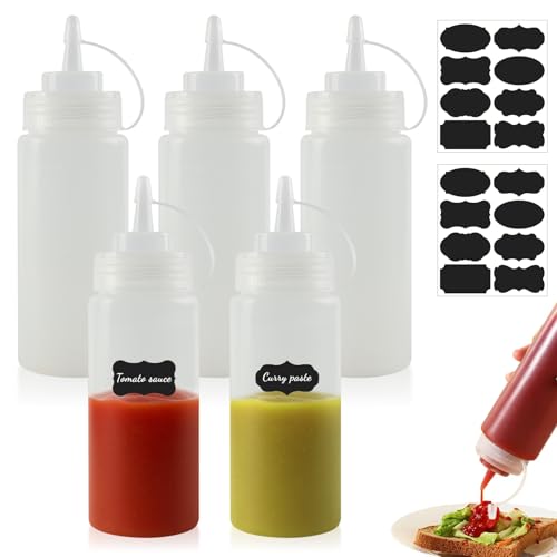 FYting Squeeze Flasche,5 Stück Quetschflasche 250ml,Saucenflasche with 2 Scale,BPA Frei, Auslaufsicher, 2 Blättern von Etikettpapier, für Ketchup, Senf, Mayonnaise, OlivenöL(8 OZ)