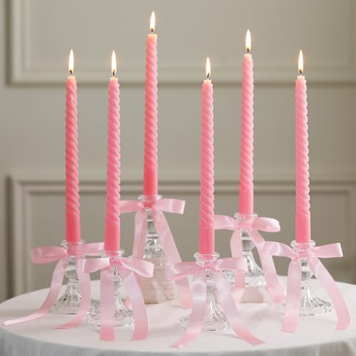 Mumufy 6 Set Pink Bow Candles Coquette Taper Candles with Candle Holder Bow Candlestick Holder Table...
