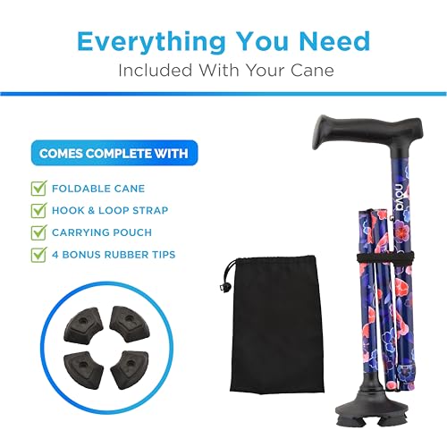 NOVA Foldable Quad Cane for Seniors, Self Standing Adjustable Walking Cane with Pivoting Quad Tip, Lightweight Collapsible Mobility Aid, Bonus Carry Pouch & Replacement Tips, Maui Flowers by nova - Image 3