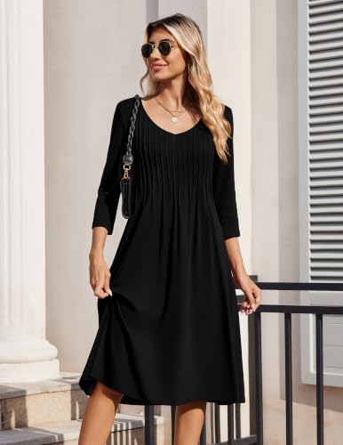 Image of Zeagoo 3 /4 Sleeve Women's Dress Pleated Midi Casual Dresses with Pockets
