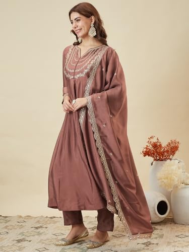 Image of MOKOSH Women's Silk Embroidery Anarkali Kurta Pant with Dupatta