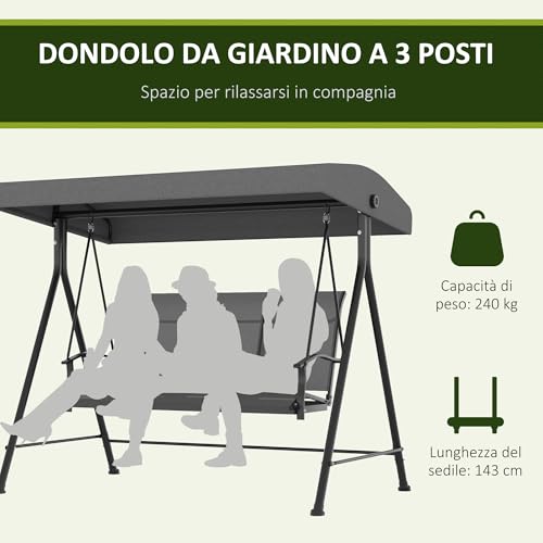 Outsunny Dondolo Da Giardino 3 Posti Con Tettuccio Parasole Regolabile, Dondolo Da Esterno Con Seduta Traspirante A Rete E Piedini Antiscivolo In Poliestere E Metallo, 200X133X176 Cm, Grigio Scuro - 3