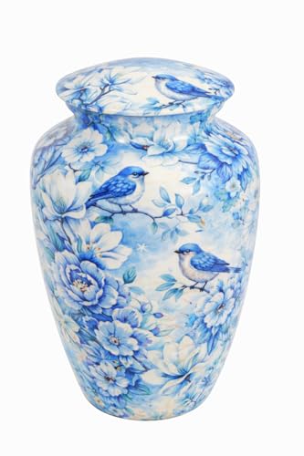 Decorative Cremation Urn with Bas Blue and White Floral Bird Design, 10 Inch Height, 6 Inch Aluminium Urn