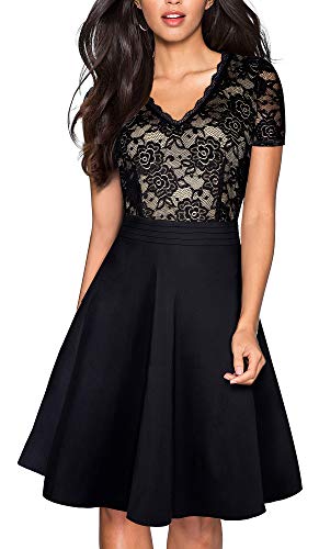Image of HOMEYEE Women's Chic V-Neck Lace Patchwork Flare Party Dress A062
