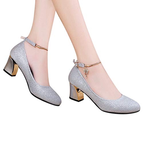 Generisch Slingpumps Damen Pumps Chunky Spangenschuhe Dicker Spangenpumps Geschlossener Blockabsatz Hochzeiten Tanzschuhe Partys Geschlossene Breite Füße Sommerschuhe Riemchenpumps Silber 37-42EU