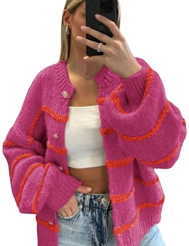 QIBABU Womens Striped Cardigan Sweaters Casual Open Front Long Sleeve Button Down Knit Outwear