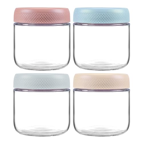 INCETUE 350 ml/12 oz Glas Vorratsdosen mit Deckel, 4er Set Kleine Süße Dekorative Vorratsgläser, Stapelbarer Glasbehälter für Overnight Oats, Müsli, Joghurt, Salat, Pudding, Pasta, Nudeln, Mehl