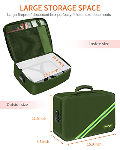 Image of Noiposi Fireproof Document Box with Lock 5200℉ Water Resistant | Portable ,Home ,Travel Strong Document Storage Organizer with 7 pockets for Important Documents and File ,Green