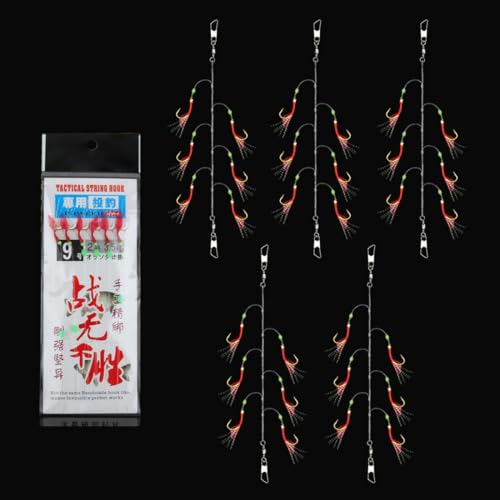 NOPKESV Set de 5 Aparejos de Plumas de caballa con Cuentas Luminosas,Aparejos de Pesca de mar pre-atados,Señuelos Biónicos para Caballa y Abadejo,Aparejos de Pesca (16#)