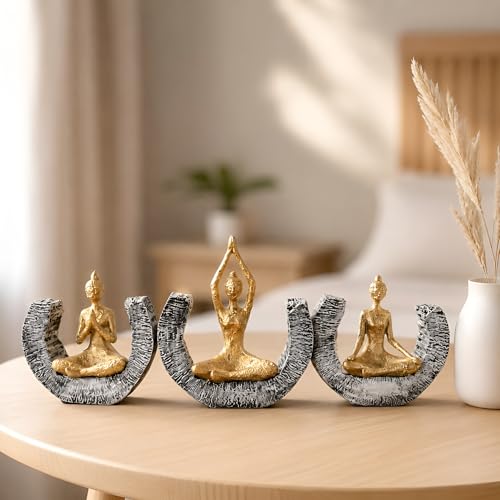 Image of Amazon Basics Serene Yoga Meditating Figurine Set for Home & Office Decor | Modern Spiritual Sculpture Showpieces for Living Room, Meditation Corner & Shelf Styling (Gold & Grey, Set of 3)