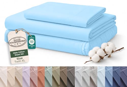 Image of Royale Linens 100% Organic Cotton Twin XL Sheet Set - 16 inch Deep Pocket Bed Sheets - Lake Blue Bed Sheets - Sabanas Twin XL - 1 Flat, 1 Fitted & 1 Pillowcases - Lake Blue Sheet Set - Cotton Bedding Sets