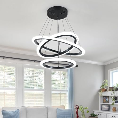 Image of Manraj Modern LED Chandelier, Acrylic 3-Ring Design, Ring Flush Mount Chandelier with Adjustable Hanging Cord Pendant Light Fixture, for Dining Living Room Bedroom (Black)