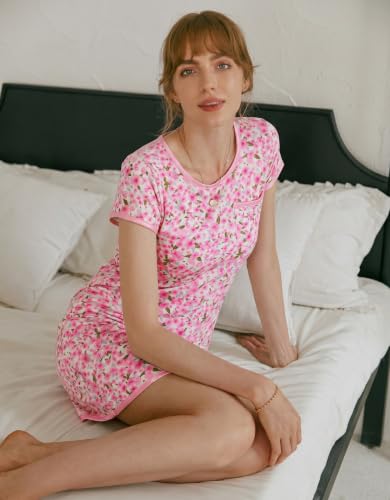 Image of Ekouaer Womens Nightgown Sleep Shirt Dress Satin Patchwork Short Sleeve Sleepwear with Pocket