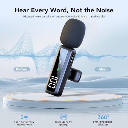 Image of VOOK Wireless Microphone with Noise Cancellation & Smart Display, Type-C Mic for Android, iPhone 15,16 | 6H Battery, Plug & Play for YouTube, Vlogging & Streaming (Single Channel Type-C, Black)