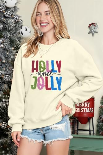 Christmas Sweatshirts for Women Holly and Jolly Embroidered Pullover Tops - image 3