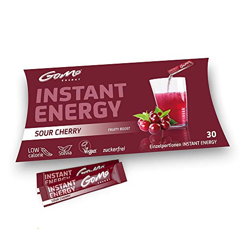 GoMo ENERGY® Boisson énergétique fruitée sans sucre | Pour le corps et l'esprit | Stimuler la concentration, vigilance et motivation | Poudre hypocalorique végane | SOUR CHERRY 30 portions