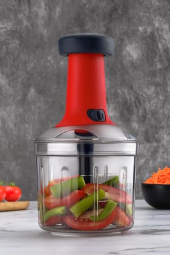 Image of Vegetable Chopper for Kitchen | Hand Chopper for Kitchen use Veg Cutter | Push Chopper 1000ml Capacity | 5 Sharp Stainlee Steel Blades (red)