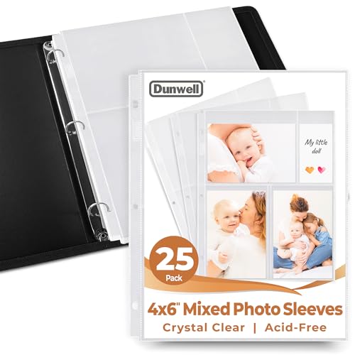 Dunwell Photo Sleeves for 3-Ring Binder, (4x6 Mixed Format, 25 Pack) for 150 Pictures, Each Photo Page Sheet Holds Six 4 x 6 Pictures or Postcards, Acid-Free Poly 4x6 Album Refill Pages