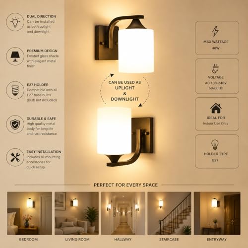 Image of Home Decor Wall Lights Glass Lamp Shade with Premium Finish & E27 Bulb Holder for Living Room, Bedroom, Balcony, Kitchen, Cafes | Decorative Night Lamps Fixtures | Elegant Wall Hanging Lights