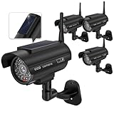 WALI Dummy Fake Camera, Solar Powered Fake Security Camera with LED Light, Simulated Surveillance Security CCTV Dome Cameras with Antenna and Warning Sticker Indoor Outdoor (SOL-TCB4), 4 Packs, Black