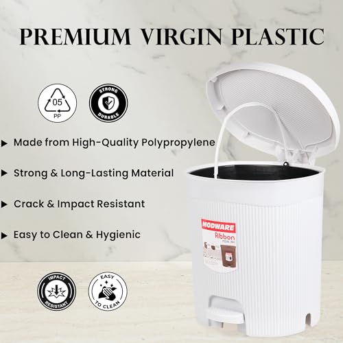 Image of MODWARE Premium Plastic Pedal Dustbin with Removable Bucket, PP Polypropylene, Hands-Free, Grey, for Kitchen, Office, College (White)
