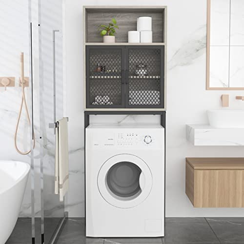 Launica Bathroom Space Saver, Over The Toilet Storage Cabinet, Metal And Wood Industrial Bathroom Organizer Stand Above Toilet, Freestanding Bathroom Rack Behind Toilet Wtih Shelf, Light Grey Oak #TOP2