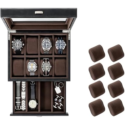 TAWBURY Bayswater 8 Slot Watch Box with Drawer (Black) with a Set of 8 X-Small Pillows to Fit 5.5-6.5" Wrists Cover