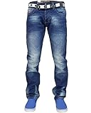 Schwere Denim Stoff Crosshatch Denimhose, für Herren, gerade geschnitten, aus Baumwolle, inklusive Gürtel Gr. 30W x 34L, GAMITTO- Mid Wash