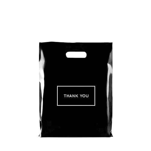 Bolsas de plástico troqueladas para compras con logotipo de agradecimiento de 9 x 12 pulgadas con asas paquete de 50 para mercancía regalos ferias Bolsas de plástico troqueladas para compras con logotipo de agradecimiento de 9 x 12 pulgadas con asas paquete de 50 para mercancía regalos ferias