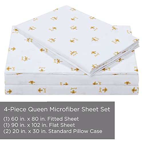 Juicy Couture – Sheet Set | Queen Bee Design Bed Sheets| Queen Bedding | 4 Piece Set Fitted Sheet, Flat Sheet And 2 Pillowcases | Deep Pockets, Wrinkle Resistant And Anti Pilling | White And Gold #TOP3