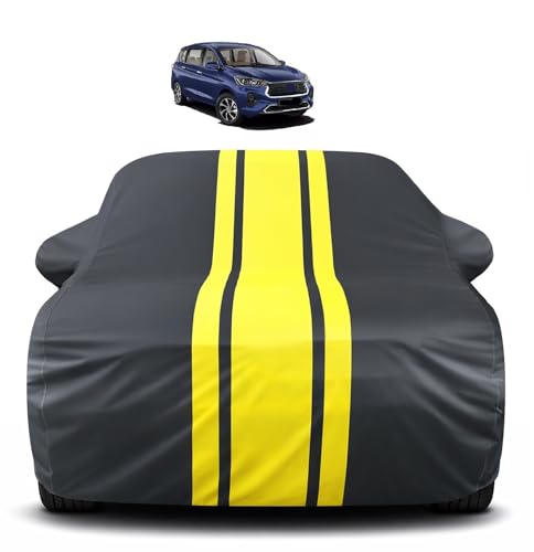 Image of Auto Hub Car Cover Compatible with Toyota Rumion with Mirror Pocket, Soft Cotton Lining, Rumion Car Cover Waterproof - Yellow-Black