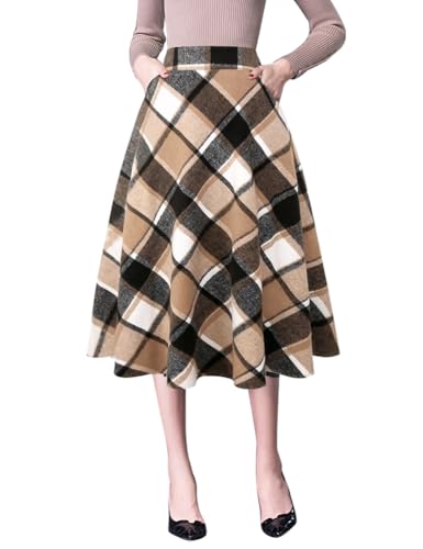 IDEALSANXUN Plaid Skirts for Womens Fall Winter High Waist Aline Pleated Midi Skirts