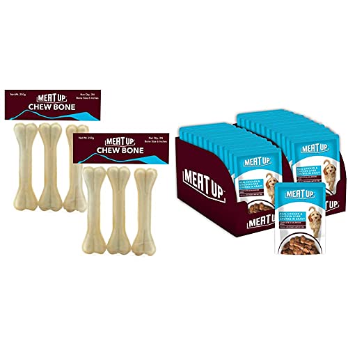 Image of Meat Up Pressed Chew Bones, Dog Treats, 6 inches - Pack of 3 Bones (Buy 1 Get 1 Free) & Wet Dog Food, Real Chicken and Chicken Liver in Gravy, 12 Pouches (12 x 70g) - Buy 1 Get 1 Free