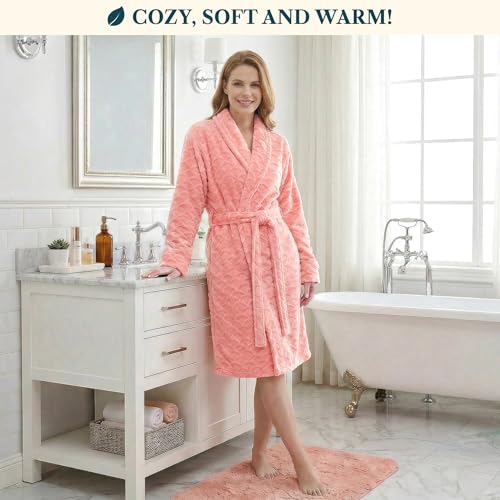 Image of PAVILIA Plush Robe for Women, Soft Fleece Short Bathrobe, Warm Lightweight Knee Length Lounge Robe with Pockets