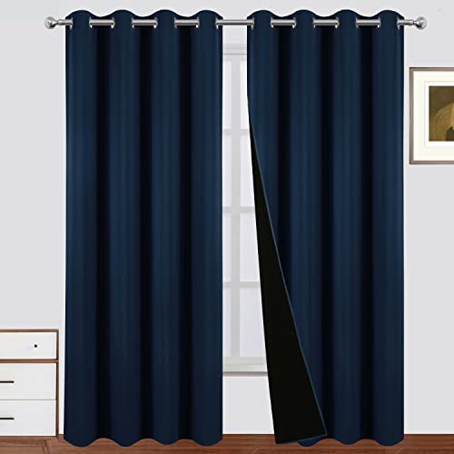 LEMOMO 100% Blackout Curtains 66 x 84 Inch Navy Blue Curtains 2 Panels Darkening Thermal Insulated Bedroom Curtains