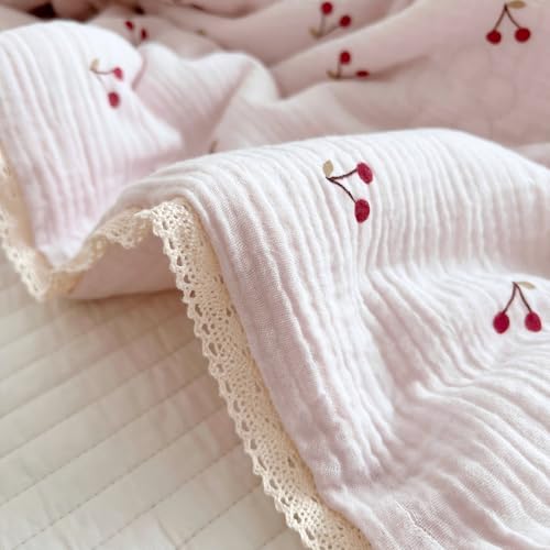 Image of BuLuTu Kids Toddler Muslin Cotton Quilted Blanket 60x78 Inches, Cute Cherry Print Children Comforter for Toddler /Twin Bed, Soft Breathable Boys Girls Quilt, Machine Washable