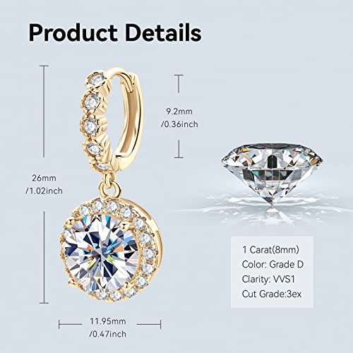 Moissanite Earrings, 14K Yellow Gold Dangle Earrings For Women, 2Ct D-E Color Moissanite Diamond 925 Sterling Silver Huggie Hoop Dangle Earrings For Sensitive Ears, Hypoallergenic Christmas Jewelry Gifts #TOP4