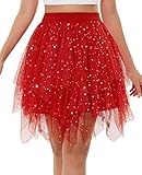 Lovasy Jupe en Tulle Femme Midi Jupe Tutu à Paillettes A Line Taille Haute Élastique Jupes en Tulle Court pour Carnaval Halloween Daily Prom Party,A Rouge,S M