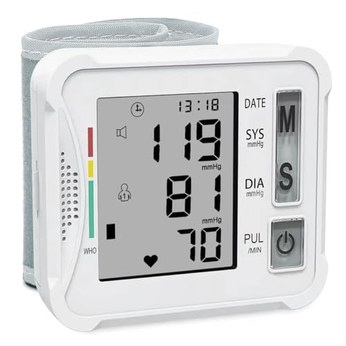Tensiometro de Muñeca, Tensiometro de Muñeca Digital para 2 Usuarios con 2x99 Memoria, Pantalla LCD con Presión Arterial y Frecuencia Cardíaca, para Muñecas de 13.5cm–19.5cm