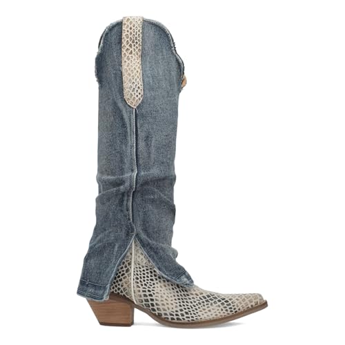 Betastella Womens Denim Knee High Cowboy Boots Snakeskin Cowgirl Boots Fold Over Chunky Heel Snip Toe Western Boot4