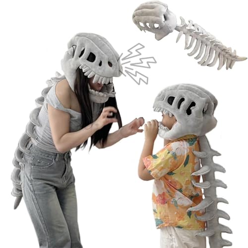 Dinosauriedräkt plyschdinosaurie outfit,Skelett huvudbonad,Realistiska Dinosaurier Skelett Kostymer Set,Plush Skeleton Dinosaur Halloween Cosplay Utklädning (Stor: 115 cm)